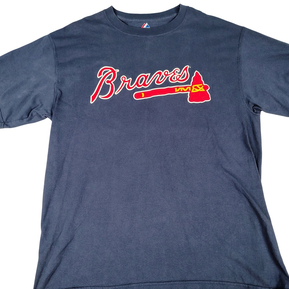 Majestic Mens L Atlanta Braves Graphic T-Shirt Navy Blue Cotton Sportscore